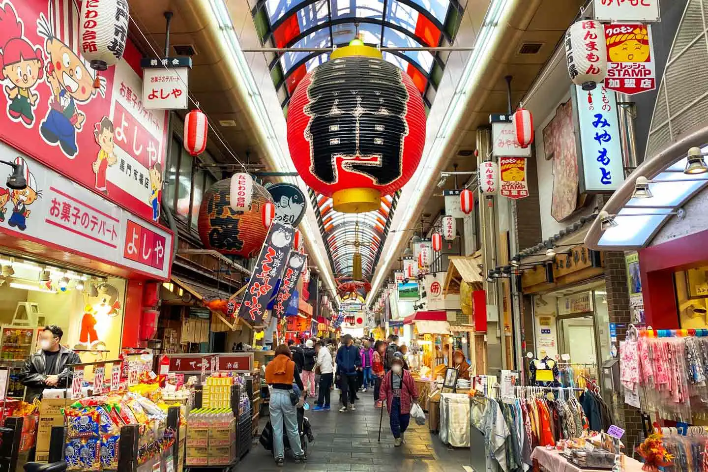 Kuromon Ichiba market arcade in Osaka, red lanterns and food stalls — stop on a private Osaka food tour